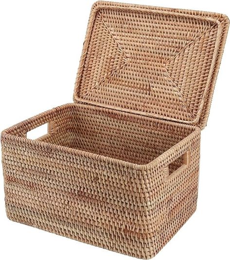 Amazon.com: FIYAMMY Rattan Basket With Lid, Large Lidded Basket For Storage Square Rattan Box(15.75" L×14.17" W×11.81" H) : Home & Kitchen Baskets With Lids, Ocd Organization, Lidded Basket, Storage Baskets With Lids, Basket With Lid, Basket Shelves, Rattan Basket, Storage Baskets, Home Kitchen