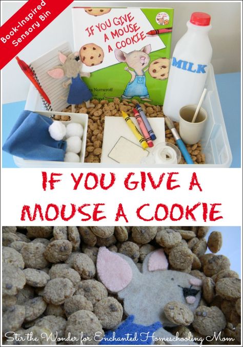 Laura Numeroff Sensory Bin, Book Theme Sensory Bin, If You Give A Mouse A Cookie Sensory Bin, Book Themed Sensory Bins, Book Sensory Bins, Mouse Sensory Bin, Cookie Sensory Bin, If You Give A Mouse A Cookie Activities, Chicka Chicka Boom Boom Sensory