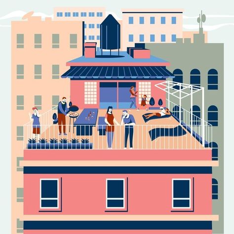 Staycation on a rooftop terrace cocnept | Free Vector #Freepik #freevector #design #home #holiday #illustration Apartment Farming, Rooftop Illustration, Rooftop Building, Grid Ideas, Party Vector, Rooftop Party, Beer Poster, Sketches Of People, Minimalist Drawing