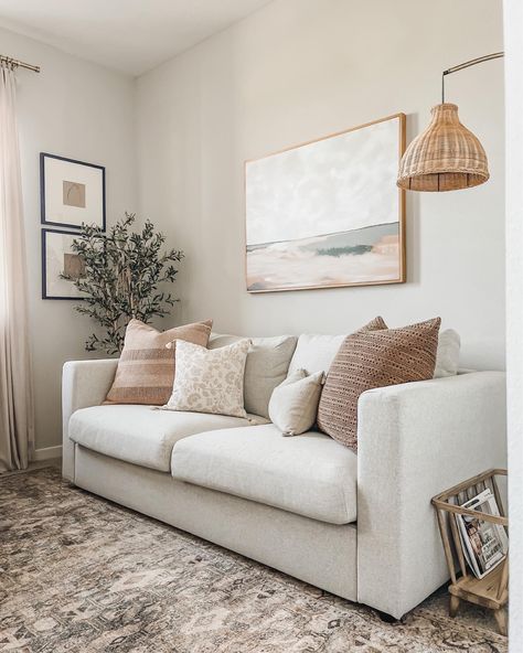 Style Beige Couch, Styling A Beige Couch, Beige Couch Living Room Decor Modern, Throw Pillows On Beige Couch, Beige Couch White Walls, Living Room Designs White Couch, Cream Couch Living Room Decor, Cream Sofa Styling, Off White Couch Living Room Ideas