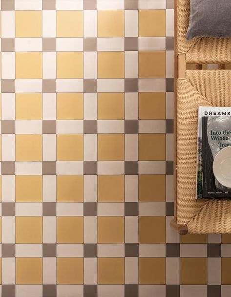 Featured here in our ‘Brighton’ Victorian Floor Tile pattern are Hawthorn Yellow, Holkham Dune and Dover White. These tones complement one another to build a rich, yet contemporary tapestry of colour.

This bold, tiled hallway floor is perfect for those looking to add a modern twist on a classic design and create an interior with timeless style and a Scandi-vibe Yellow Tile Bathroom Ideas, Victorian Bathroom Tiles, Checkered Floor Kitchen, Yellow Tile Bathroom, Victorian Flooring, Hawthorne Yellow, Yellow Kitchen Designs, Yellow Home Accessories, Hallway Colours