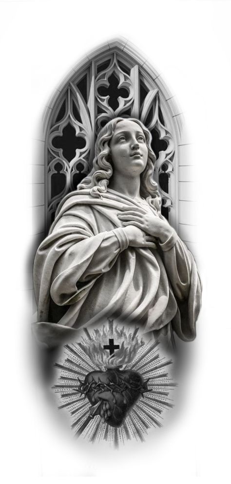 Gardien Angel Tattoo, Heavenly Tattoos For Men, Chapel Tattoo Design, Weeping Mary Tattoo, Church Windows Tattoo, Cathedral Tattoo Design, Church Tattoo Design, Realism Tattoo Stencil, Realism Tattoo Ideas