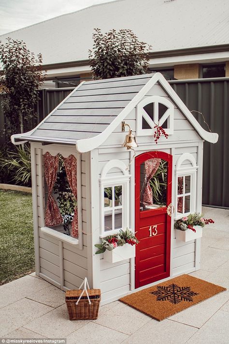 Kyree bought fairy lights, a door bell, handle, floor mat, curtains and more to make her cubby look fabulous (pictured) Kmart Cubby House, Kmart Cubby, Cubby House Ideas, Cubby Ideas, Kids Cubby Houses, Kids Cubbies, Wooden Cubby, Indoor Playhouse, Backyard Playhouse