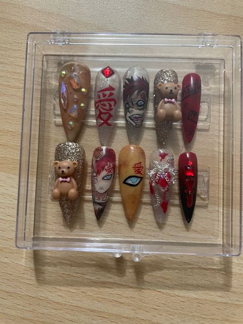 Gaara Nails, Naruto Nails Acrylic, Itachi Nails, Naruto Nail Art, Naruto Nails, Anime Nails, Nails Inspo, Nails Art, Nail Design