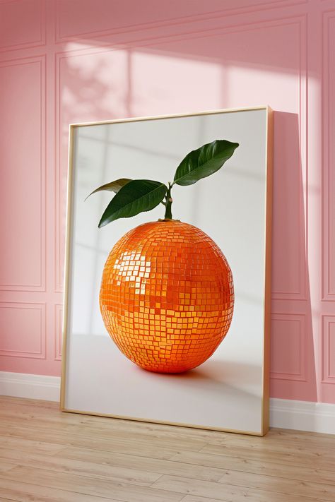 Add a splash of citrus and disco to your space with our "Citrus Disco Ball" poster. This artwork is a playful fusion of fruity charm and sparkling disco vibes, perfect for kitchens, dining areas, or any spot needing a zestful touch.  This poster will surely become the centrepiece of your room's decor, offering a unique and vibrant statement.  Our heavier-weight, white, premium matte paper has a natural, smooth uncoated finish that feels luxurious to the touch.   Features:   The 200 gsm/ 80 lb pa Disco Ball Fruit Art, Disco Ball Fruit, Disco Ball Art, Disco Ball Poster, Disco Vibes, Retro Food, Orange Kitchen, Vintage Preppy, Barbie Dream House