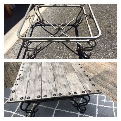 I had an old glass coffee table I decided to make over. It was a metal and brass finish to start I had used the glass long ago on something else. I painted the base black with a spray paint and primer mix. Once the base was finished I took some cull lumber boards from the discount pallet at Home Depot. To get an aged wood look, I paint the wood white, then sanded some of the white off, so that the grain start showing. Then I take a Kona stain and rub it on and wipe it off to get th… Metal Coffee Table Makeover, Refurbished End Tables Diy Ideas, Glass Coffee Table Makeover, Kona Stain, Coffee Table Redo, Metal Base Coffee Table, Old Window Decor, Metal Table Frame, Table Redo