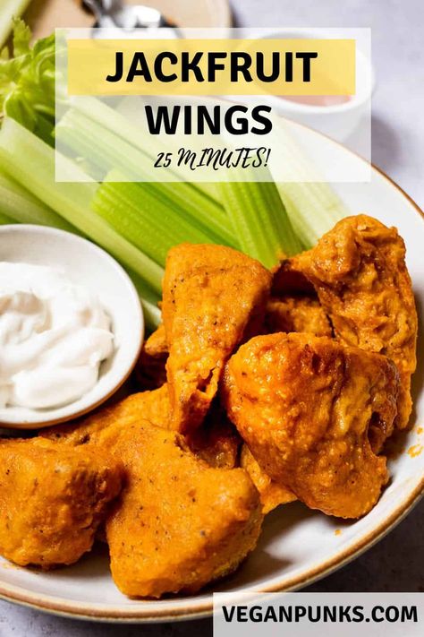 The best vegan fried jackfruit wings that take just 25 minutes. Perfect in the air fryer! Jackfruit Wings, Jackfruit Fried Chicken, Fried Jackfruit, Jackfruit Chicken, Vegan Buffalo Sauce, Vegan Jackfruit, Cheap Vegan Meals, Jackfruit Recipes, Vegan Fries