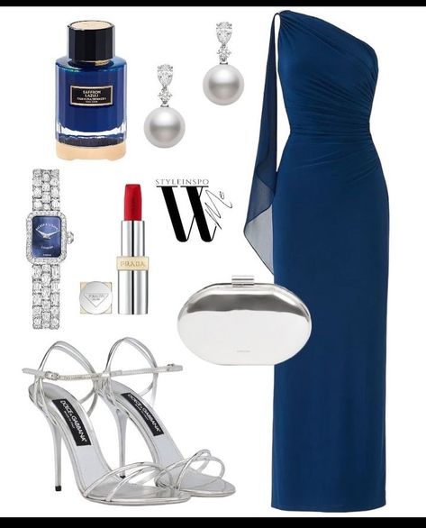 Blue Dress Silver Heels, Silver Purse, Woman Outfit, Royal Blue Dress, Dress Silver, Silver Heels, Silver Dress, Prom Dresses Blue, Silver Accents