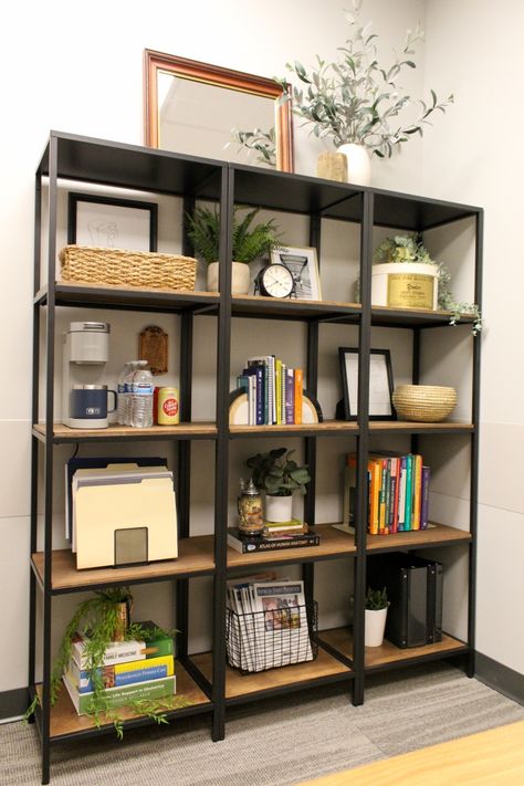 Ikea Metal Bookcase, Ikea Black Metal Shelf, Books Living Room Decor, Black Office Shelves, Black Ikea Shelves, Vittsjo Shelves Living Room, Fjallbo Ikea Hack, Ikea Vittsjo Shelves Styling, Ikea Vittsjo Shelves