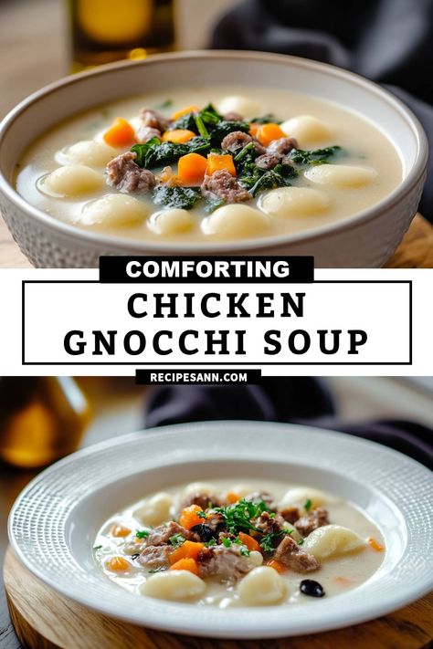 I love making this comforting chicken gnocchi soup on chilly days! It's packed with tender chicken, fluffy gnocchi, and vibrant veggies. Each spoonful is warm and satisfying, perfect for cozy nights at home. Easy Chicken Pot Pie Soup, Chicken Gnocchi Soup Recipe, Gnocchi Recipes Soup, Chicken Pot Pie Soup, Chicken Gnocchi, Homemade Gnocchi, Chicken Gnocchi Soup, Gnocchi Soup, Hearty Chicken