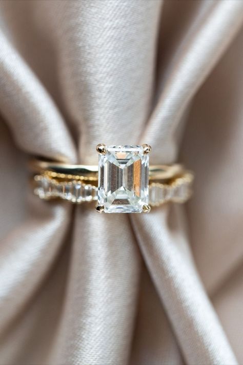 Gold Emerald Cut Engagement Ring, Emerald Cut Solitaire Engagement Ring, Solitaire Engagement Ring Set, Emerald Cut Moissanite Ring, Wedding Rings Emerald Cut, Baguette Diamond Band, Dream Wedding Ring, Cute Engagement Rings, Future Engagement Rings