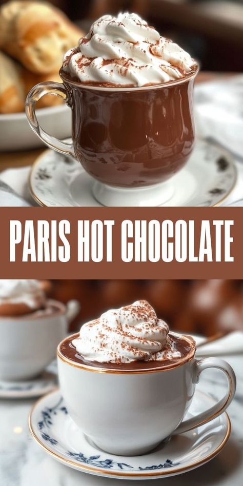 Indulge in the rich, velvety goodness of Parisian hot chocolate. ☕🍫 This creamy, decadent drink is a must-try for chocolate lovers and is perfect for chilly nights. Learn how to make this French-inspired hot chocolate from scratch with simple ingredients! It’s the perfect cozy treat to warm you up this winter. 🌨️🍫 #HotChocolate #ParisHotChocolate #WinterWarmers #FrenchCuisine #ChocolateLovers #CozyDrink #DrinkRecipes #ColdWeatherTreats Hot Chocolate In France, Decadent Hot Chocolate Recipe, Hot Chocolate Affogato, Decadent Hot Chocolate, Paris Hot Chocolate Recipe, French Hot Cocoa, European Hot Chocolate, Carette Paris Hot Chocolate, French Vanilla Hot Chocolate Recipe