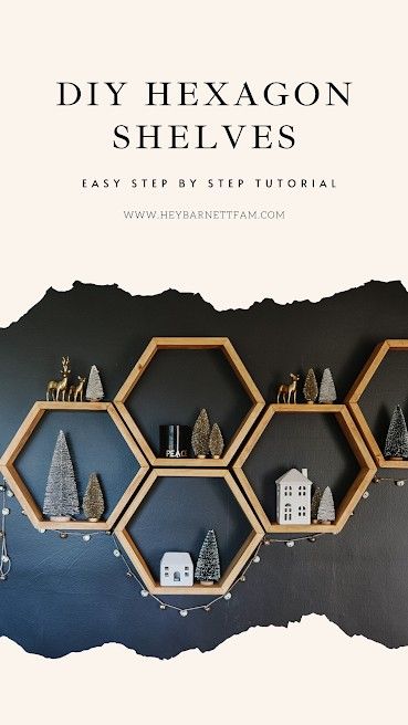 Hexigon Wall Art, How To Build Hexagon Shelves, Hexagon Shelves Christmas Decor, Hexagon Shelf With Picture Frames, Hexagon Shelf Wall, Octagon Shelves Decor, Hexagon Shelves Bathroom, Wood Hexagon Shelves, Wooden Hexagon Wall Decor