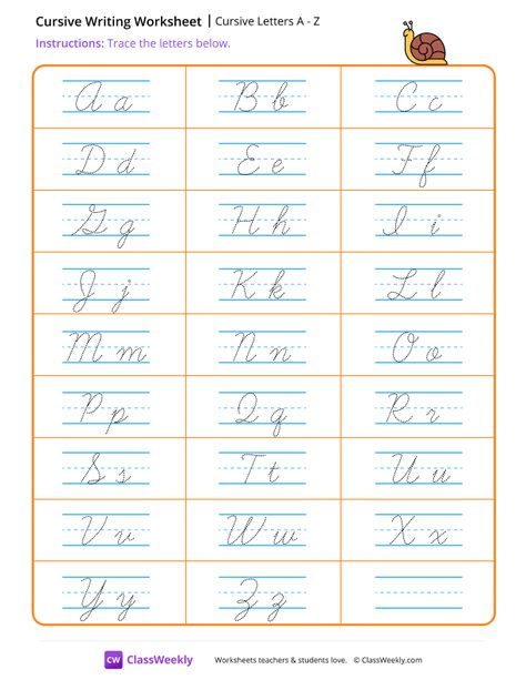 Cursive Letters A to Z | Worksheet | ClassWeekly.com Z In Cursive, Lowercase Letters Worksheet, A To Z Worksheet, Cursive Chart, Z Worksheet, Teacher Student Love, Write In Cursive, Cursive Writing Worksheets, Script Alphabet