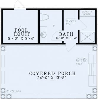 Poolhouse Plans | 1495 Poolhouse Plan with Bathroom Small Pool House Designs, Pool House Layout, Pool House Piscine, Pool House With Bathroom, Pool House Floor Plans, Pool Bathroom Ideas, Garage Pool House, Small Pool House, Small Pool Houses