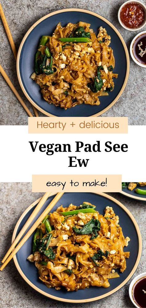 This Thai-inspired vegan pad see ew is rich, flavorful, and delicious. A quick and easy recipe that is ready in 30 minutes. Even non-vegans will be impressed by this dish! Pad See Ew Recipe Vegan, Vegan Pad See Ew, Fry Noodles, Vegan Egg Substitute, Pad See Ew, Vegetarian Oyster Sauce, Vegan Asian Recipes, Tofu Scramble, Crispy Tofu