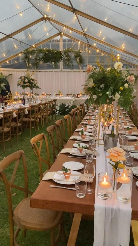 Wine Cooler Wedding Table, Wedding Set Ups Receptions, Small Wedding Long Table, Two Long Tables Wedding Reception, Outdoor Chic Wedding Decor, Wedding Garden Party Ideas, Wedding Outdoors Decoration, Outdoor Tent Wedding Reception Backyards, Outdoor Banquet Ideas