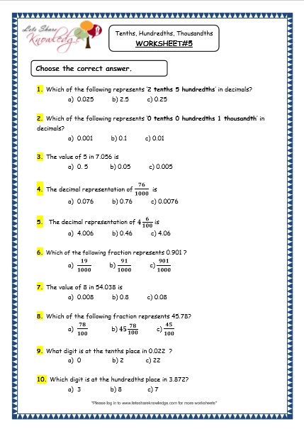 Tenths And Hundredths, Maths Resources, Decimals Worksheets, 4th Grade Math, Math Worksheet, Grade 4, Kids Corner, Math Resources, Printable Worksheets