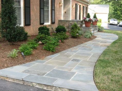 Front Walkway From Driveway, Front Entry Sidewalk Ideas, Curved Front Walkway, Front Walkway Landscaping, Front Yard Walkway, Yard Walkway, Wood Walkway, Porch Landscaping, Walkway Landscaping