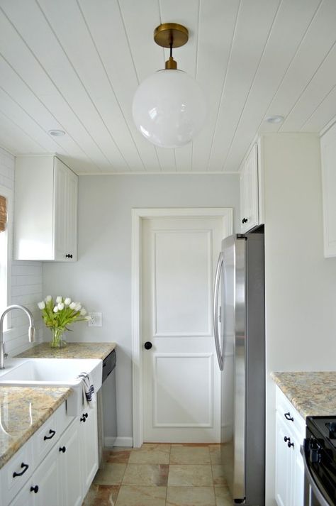 Gray Owl and White Dove | Favorite Paint Colors | Bloglovin’ White Kitchen Renovation, Kitchen Galley, Beautiful White Kitchens, Small Galley Kitchen, Kitchen Peninsula, Kitchens Ideas, Tongue And Groove Ceiling, Galley Kitchen Remodel, Galley Kitchens