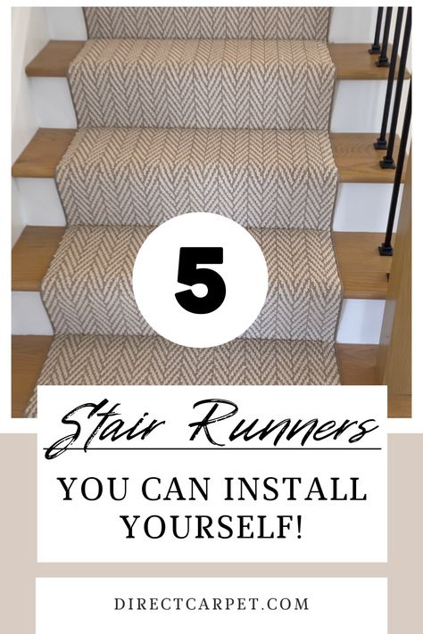 herringbone stair runners you can install yourself Polypropylene Stair Runner, Rugs On Stair Landing, Wood Stairs Runner, How To Install Carpet Runner On Stairs, Basement Stair Runner Ideas, Adding Carpet Runner To Stairs, Installing Stair Runner, Rug On Stairs Carpet Runner, How To Install Stair Runner