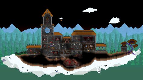 Terraria Ocean Build, Terraria Cathedral, Terraria Statue Room, Terraria Art, Terraria Relic Build, Terraria Teleporter Hub, Terraria Builds, The Ghouls, Minecraft Drawings