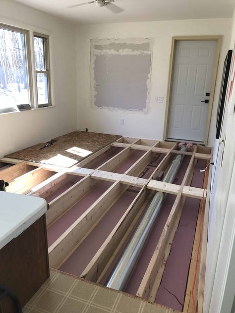 Leveling A Sunken Living Room, Raising A Sunken Living Room, Raising Sunken Living Room Floors, Raising A Floor, Sunken Living Room Divider, How To Build A Subfloor, How To Raise A Floor, Sunken Dining Room Off Kitchen, Raising Floor Level