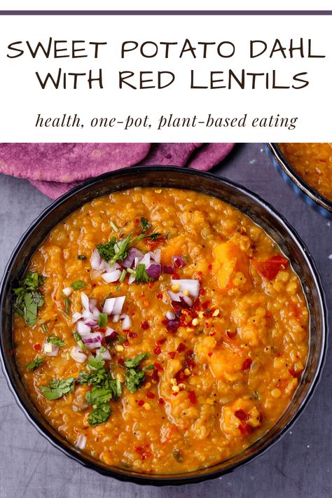 Creamy sweet potato and lentil dahl red lentils with only 8 other ingredients delivers a plant-based, oil-free velvety delicious meal-in-a-bowl. This is undeniably, our favorite dahl. Grab a pot and in 35 minutes prep to table, it will be one of yours too. Lentil And Sweet Potato Recipes, Vegan Curries, Lentil Dal Recipe, Red Lentil Recipes, Dahl Recipe, Lentil Dahl, Lentil Dal, Sweet Potato Curry, Healing Foods