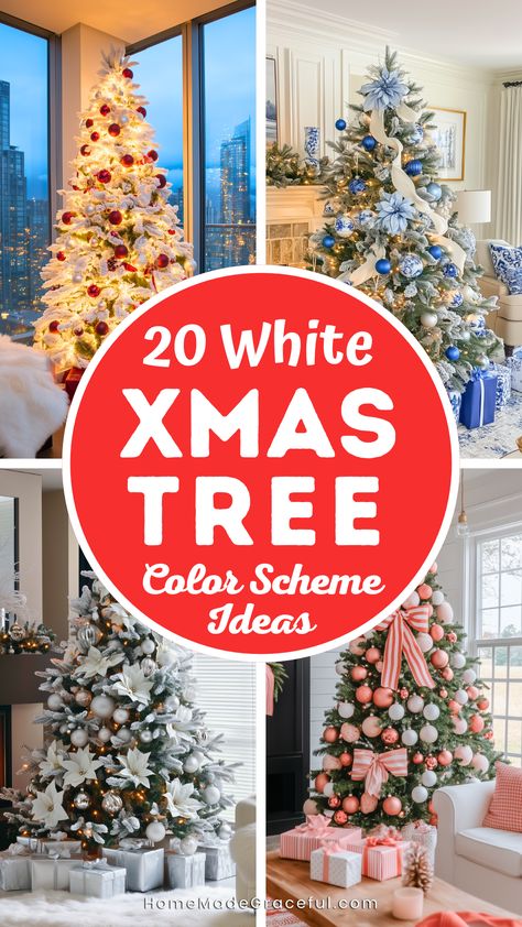 Transform your white Christmas tree with these 20 breathtaking color schemes! Whether you love classic red and green, frosty blue and white, or sleek red and black, you’ll find inspiration here. Create cozy vibes with farmhouse and rustic styles or go glam with gold and silver accents. From pink and red duos to bold red and orange combos, these ideas will make your tree unforgettable. Perfect for flocked trees and elegant holiday decor! White Christmas Tree With Colored Lights, White Christmas Tree With Red Ornaments, White Christmas Tree Color Schemes, White Christmas Tree Ideas Color Schemes, Christmas Color Combinations, Christmas Tree Color Schemes, Christmas Tree Colour Scheme, White Xmas Tree, Elegant Holiday Decor