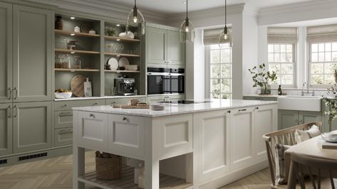 Elmbridge Sage Green, Howdens Shaker Kitchen, Cupboard Styles, Green Shaker Kitchen, Howdens Kitchens, Porcelain Kitchen, Fitted Kitchens, Sage Green Kitchen, Handleless Kitchen