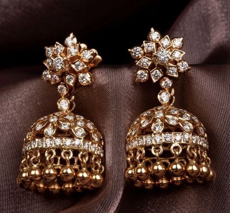 Diamond Jumki Designs, Karaikudi Diamond Necklace, Jimmikki Kammal Design, Small Diamond Jhumkas, Kundan Buttalu Gold Earrings, Diamond Jumkas Design Indian, Diamond Buttalu Indian, Diamond Jhumki Earrings, Gold Jimikki Earrings