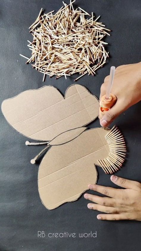 Instagram Butterfly 3d Art, Matchstick Art On Paper, Spoon Art Diy, Matchstick Art, Match Stick Art, Diy Butterfly Decorations, Kraft Paper Art, Matchstick Craft, Bleach Jeans