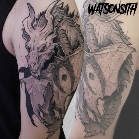 Art & tattoos by me. — The world eater 💀 Alduin done today thankd again... Skyrim Tattoo, Dark Souls Tattoo, Video Game Tattoos, Skyrim Dragon, Skyrim Art, Soul Tattoo, Fantasy Tattoos, Greek Tattoos, Gaming Tattoo