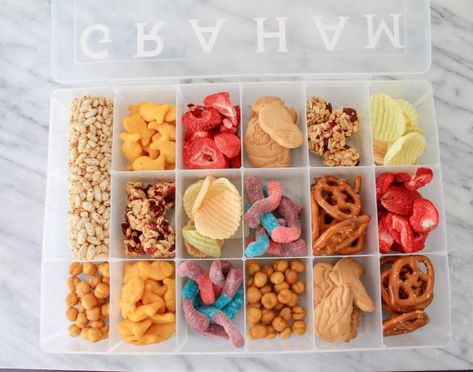 Snack Tackle Box For Kids, Travel Snack Box Ideas, Plane Snack Box Ideas, Tacklebox Snacks, Snackle Box Ideas For Kids, Snack Boxes For Kids, Snack Box For Kids, Plane Snacks, Lunch Box Ice Packs