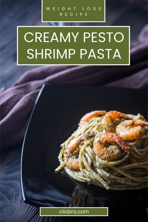 Creamy Pesto Shrimp Pasta – A Flavorful Tasty and High Protein Weight Loss Recipe Shrimp And Pesto Recipes, Creamy Pesto Shrimp Pasta, Low Calorie Shrimp Pasta, Creamy Pesto Shrimp, Pesto Shrimp Pasta, Shrimp Pesto Pasta, Shrimp Pasta Recipe, Basil Pesto Sauce, Pesto Shrimp