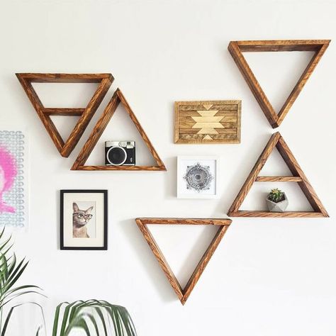 Accent Shelf, Rustic Wall Shelves, Triangle Shelf, Unique Shelves, Wood Accent, Wood Home Decor, Wall Mounted Shelves, Stylish Home Decor, Rustic Walls