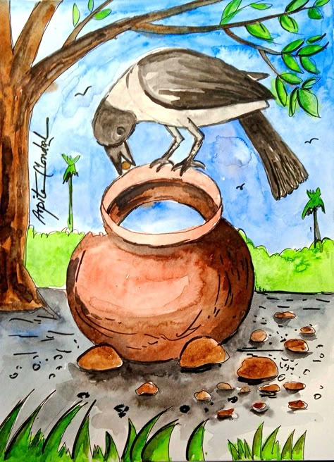 By arpita mondal Drawing For Class 4 Students, Thirsty Crow, Animal Sketches Easy, Village Scene Drawing, Scenery Drawing For Kids, Crows Drawing, Easy Scenery, Easy Scenery Drawing, Pastel Drawings Easy