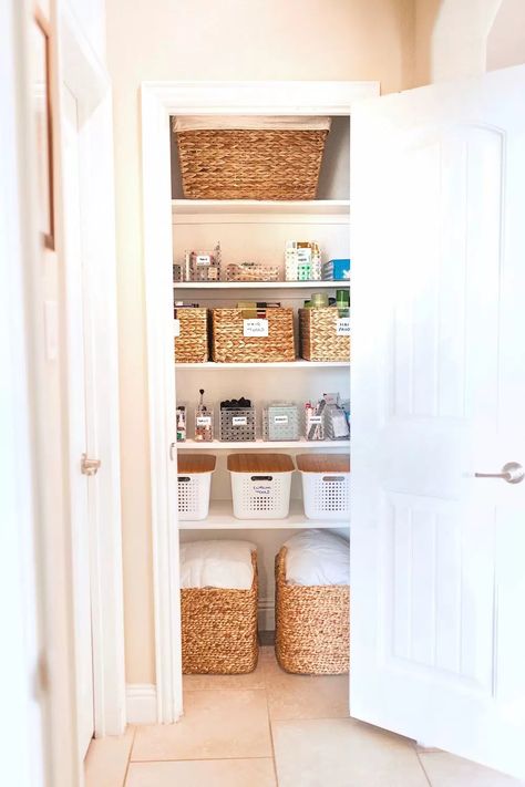 Bathroom Closet Organization Inspiration from Glamorous Versatility | Container Stories Bathroom Closet Designs, Hall Closet Organization, Bathroom Closet Organization Ideas, Linen Closet Makeover, Bathroom Linen Closet, Closet Transformation, Linen Closet Storage, Bathroom Closet Organization, Open Bathroom