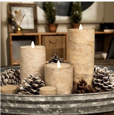 Decorating A Mobile Home, Candle Centerpieces For Home, Birch Centerpieces, Tray With Flowers, Winter Tray, Future Christmas, Birch Tree Decor, Luminara Candles, Birch Candles