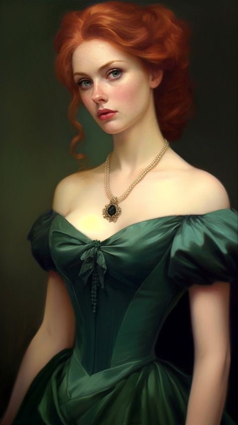 Red Hair Updo, Medieval Woman, Emerald Dresses, Gown Red, Ginger Girls, Green Gown, Victorian Lady, Auburn Hair, Victorian Women