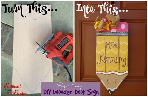 DIY Wooden Door Sign - Hand painted pencil: gatheredinthekitchen.com Rag Wreath Tutorial, Trendy Door, Door Hangers Diy, Teacher Craft, Wooden Signs Diy, Door Signs Diy, Wooden Door Signs, Wooden Pencil, Rag Wreath