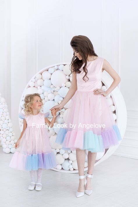 "For more dresses for mom and daughter: https://www.etsy.com/shop/ANGELOVEStore?ref=simple-shop-header-name&listing_id=691016892&section_id=26379198 Pincess Unicorn Party dress for baby or toddler - Baby girl birthday princess dress - Moter daughter pink princess matching dresses Women's dress with a multi-colored frill. Pale pink color combined with a colorful frill for a bright holiday. If you are preparing a special holiday for your daughter, then these dresses will look great in the Unicorn Dress For Women, Family Birthday Outfit, Dresses For Mom And Daughter, Unicorn Family, Tutu Shirt, Birthday Princess Dress, Fantastic 4, Ariel Dress, Kids Rainbow