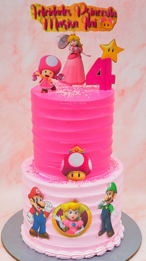 Pastel de doble altura forrado con dos colores en chantilly rosa, decoracion con perlas blancas y micas de personajes de mario bros y la princesa peach. Peach Cake, Princesa Peach, Mario Bros, Birthday Cakes, Princess Peach, Cupcake Cakes, Mario, Birthday Cake, Pastel