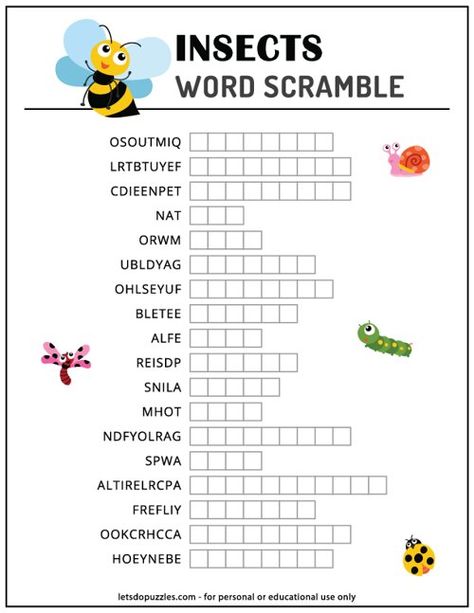 Insects Word Scramble Printable Scramble Words Game, Scramble Words Worksheet, Word Scramble Games For Adults, Insects Activities, Word Scramble For Kids, Word Puzzles For Kids, Printable Activity Sheets, Jumbled Words, Word Games For Kids