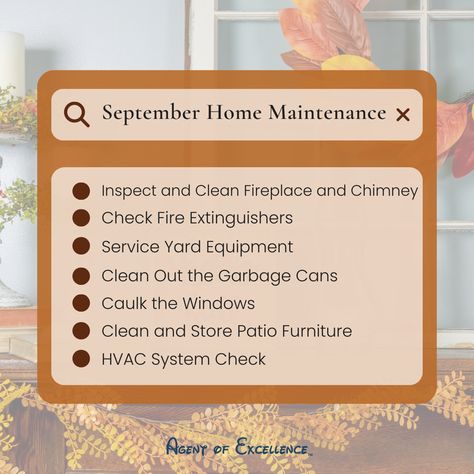 September Checklist September Home Maintenance Checklist, September Checklist, Clean Fireplace, Home Maintenance Checklist, Maintenance Checklist, Fire Extinguishers, Hvac System, Real Estate Tips, Garbage Can