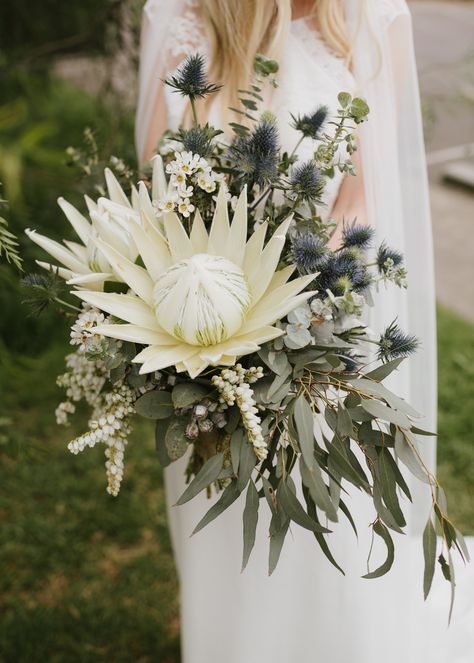 This bride carried a blue, white, and green Botanics of Melbourne bouquet, which stood out thanks to its huge protea and scattered thistle. Bohemian Wedding Bouquet, Protea Wedding, Protea Bouquet, Cheap Wedding Flowers, Modern Wedding Flowers, Flowers And Greenery, Unique Wedding Flowers, Flower Guide, Blue Wedding Flowers