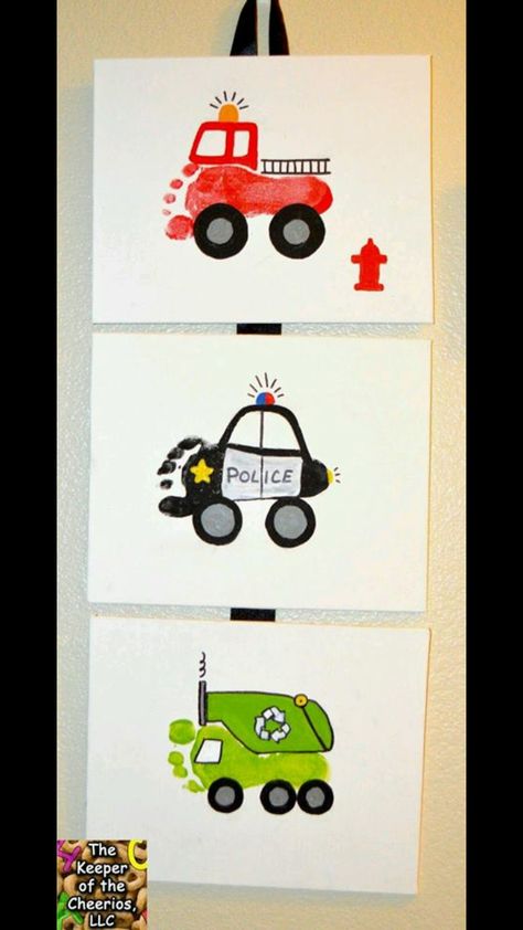 Fire Truck Craft, Sport Art Projects, Baby Boy Room Themes, Boy Room Themes, Kids Sports Room, Truck Crafts, Baby Boy Art, Firetruck Birthday Party, Footprint Craft