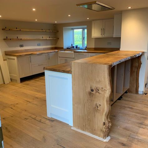 Live edge Pippy Oak worktops, shelving and up stands with water fall breakfast bar. #liveedge #kitchen #worktops #breakfastbar Timber… | Instagram Live Edge Breakfast Bar, Oak Kitchen Worktop, Live Edge Kitchen Countertops, Live Edge Shelves Kitchen, Oak Worktop Kitchen, Live Edge Kitchen, Oak Countertop, Live Edge Countertop, Cottage House Interior