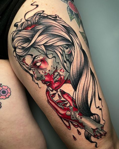 Zombie Girl Tattoo, Zombie Tattoo Ideas, Zombie Girl Tattoos, Black Flash Tattoos, Unicorn Tattoo Designs, Zombie Tattoo, Zombie Pin Up, Tattoo On Leg, Zombie Tattoos