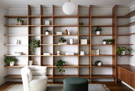 Mid Century Bookshelf Wall, Office Ideas At Home, Floor To Ceiling Shelving, Harvest Prayer, Mod Kitchen, Office Bookshelf, California Bungalow, Living Room Built Ins, Study Nook